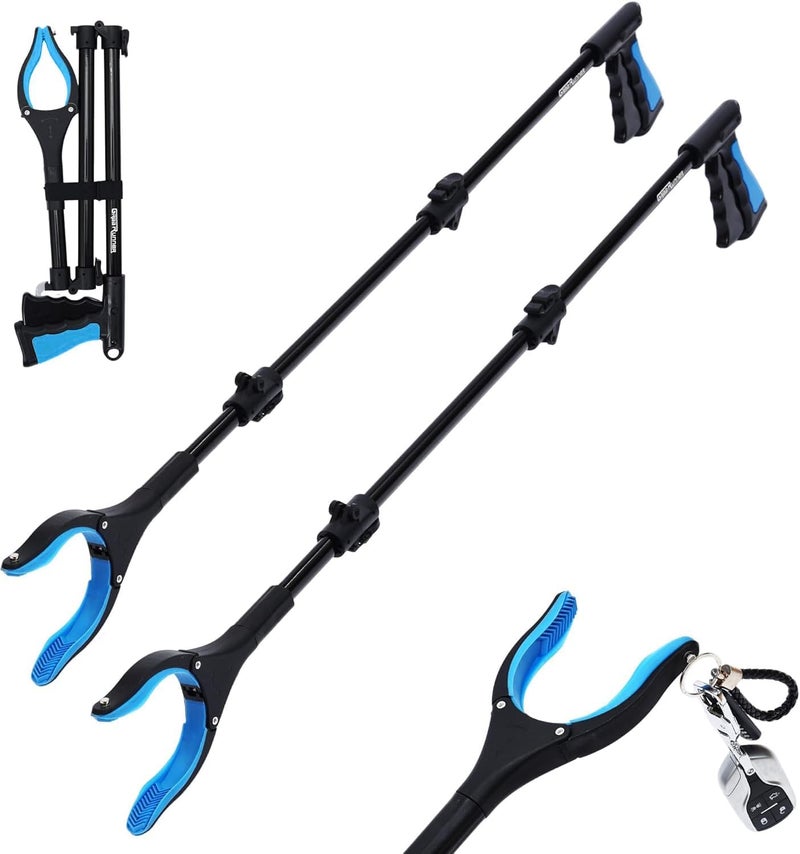 GrabRunner 38" Extra Long Grabber Reacher Tool – 2 Pack Foldable Reacher Grabber Pickup Tools with 360° Rotating Jaw & Magnet - Heavy Duty Pick Up Grabbers for Seniors, Trash, Surgery Recovery (Blue Blue) - Image 1